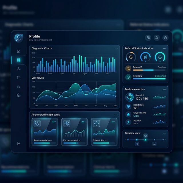 SightBridge Intelligence Hub EMR dashboard showing AI-powered diagnostics, referral status, and real-time metrics